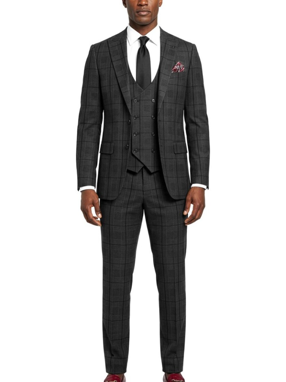 Charcoal Grey Windowpane Plaid 3 Piece Stacy Adams Men's Suit